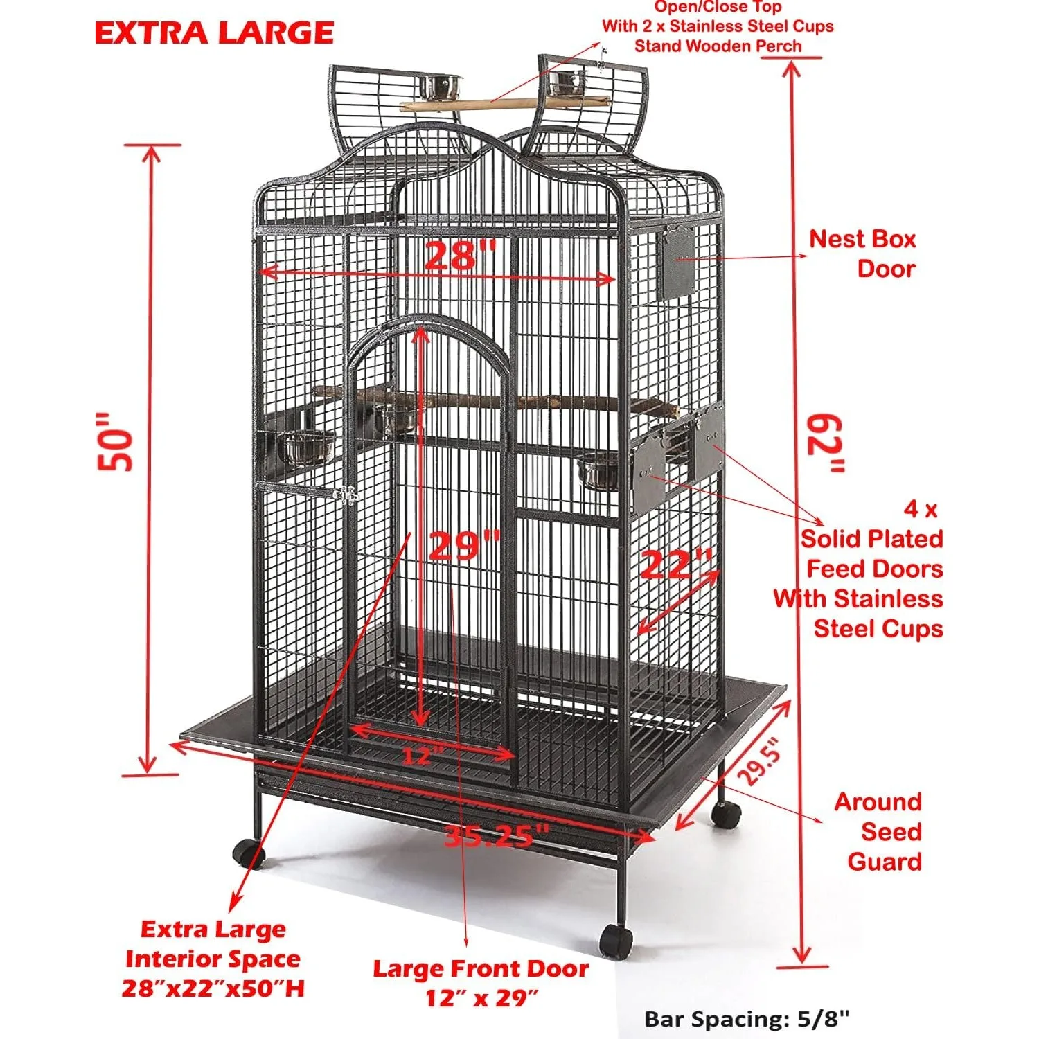 Extra Wrought Iron Open/Close Play Dome Top Parrot Bird Cage for Large Macaws Cockatoos African Grey(35.25