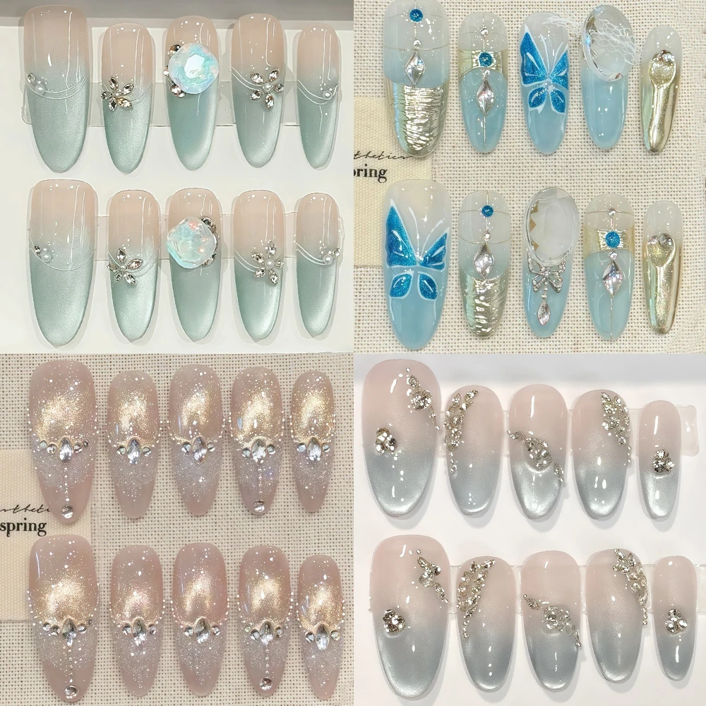 

10Pcs French Handmade Almond Press On Nail 3D Rhinestone Butterfly Pearl Design Simple Style Full Cover Artificial Nail Wearable