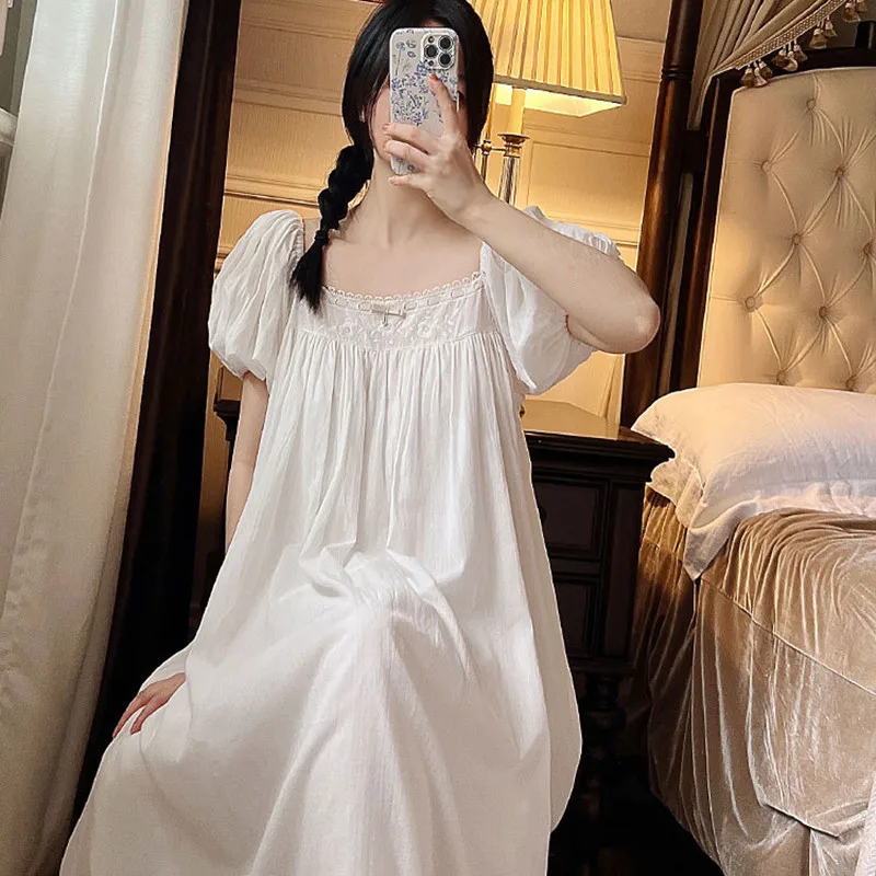 Women French Style Vintage Nightgown Princess Sweet Embroidery Long Nightdress Summer Short Puff Sleeve Cotton Sleepwear Nightie