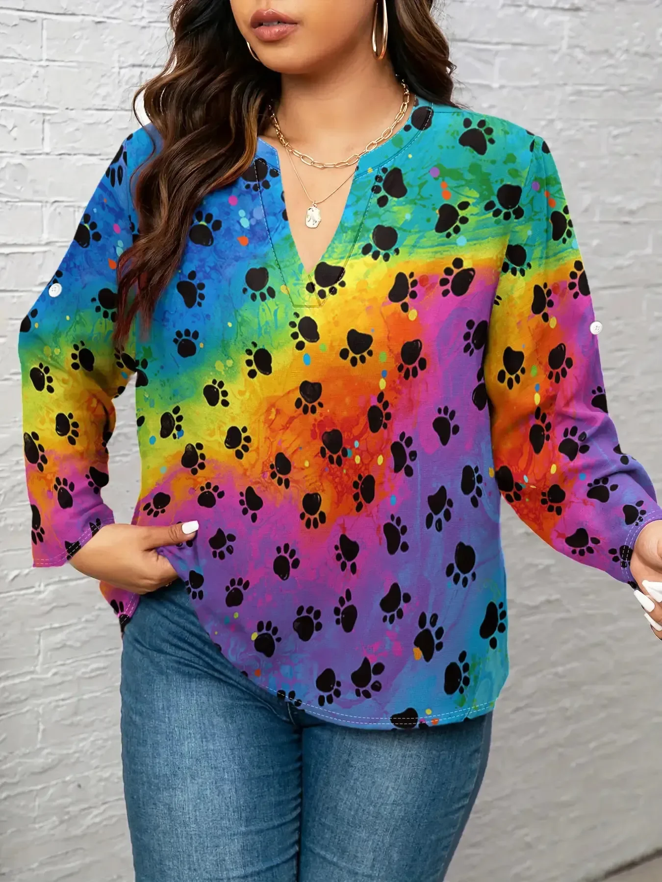 CLOOCL Colorful Paws Printed Women T-shirt V-neck Long Sleeved Shirts Oversized Streetwear Tops Women Plus Size Clothing