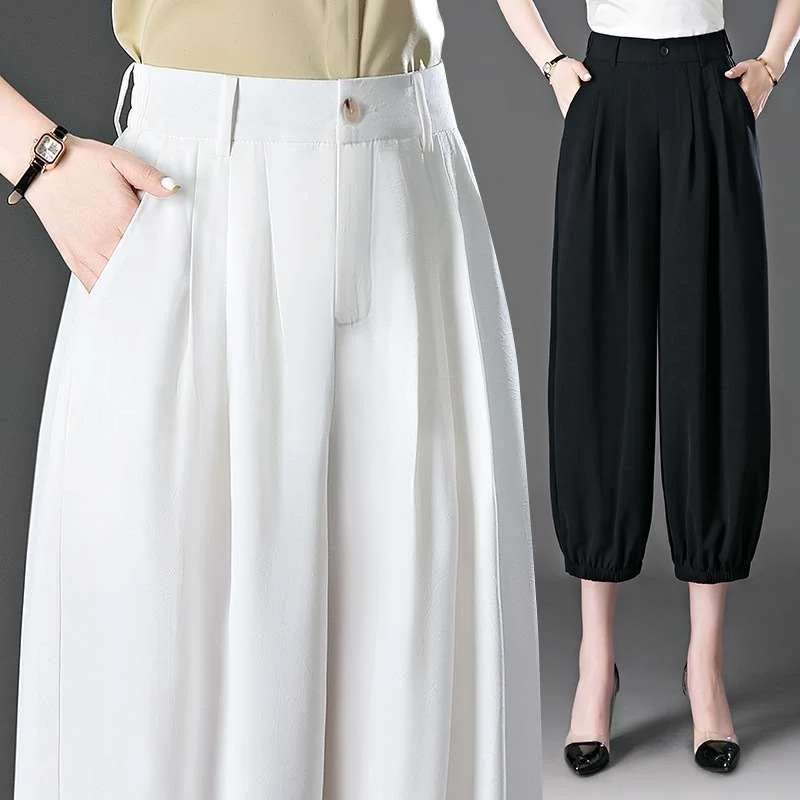 

Летние свободные шаровары из ледяного шелка, плиссированные повседневные брюки с высокой талией, дизайн на молнии со средней заниженной талией, материал ПВХ