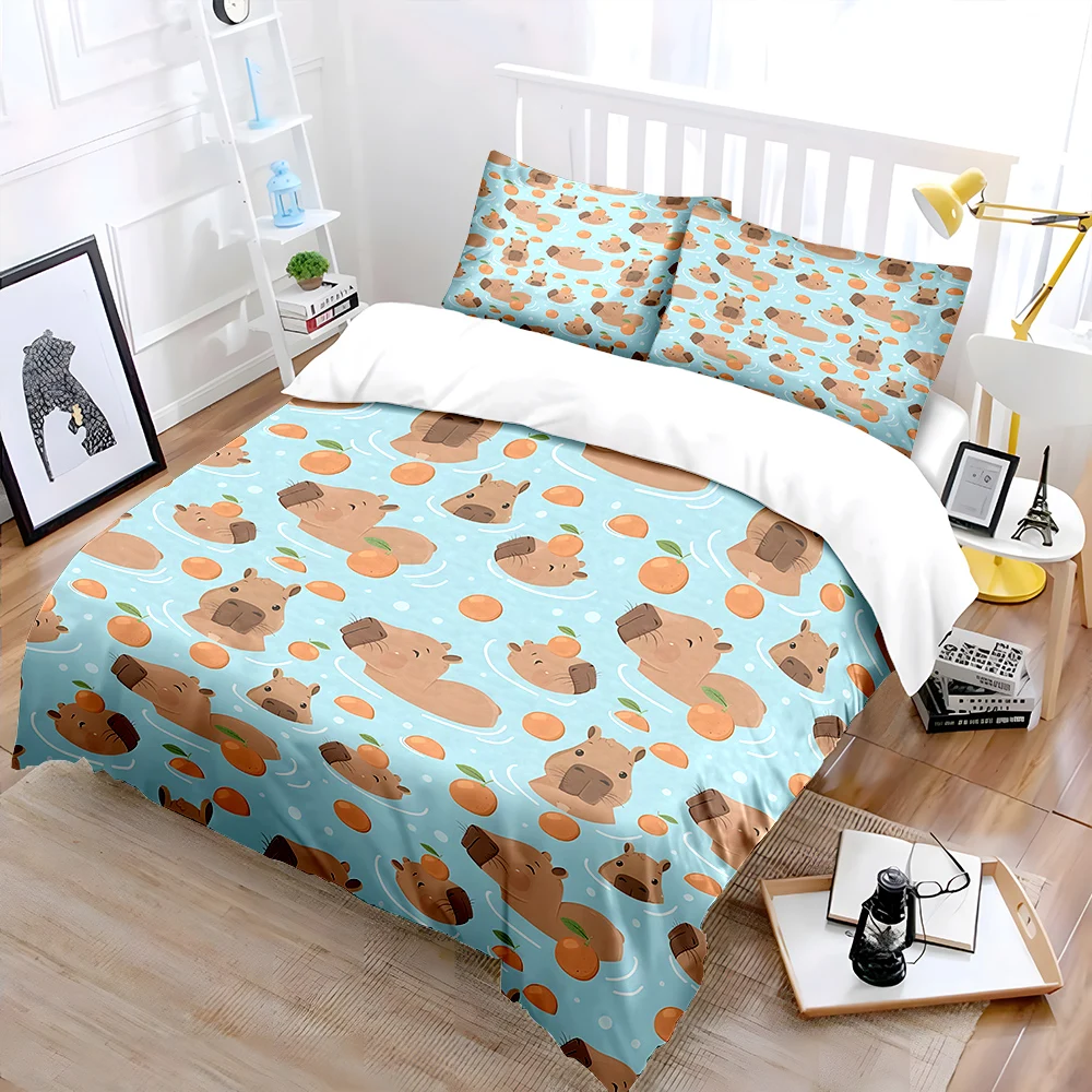 Capybara oranges in hot springs Bedding Set for Kids Luxury Gift 3pcs Digital Print Comforter Set Soft Comfortable Breathable