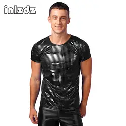 Camiseta de lentejuelas brillantes para hombre, Tops de baile, cuello redondo, manga corta, Tops de rendimiento, disfraces de festivales, club nocturno