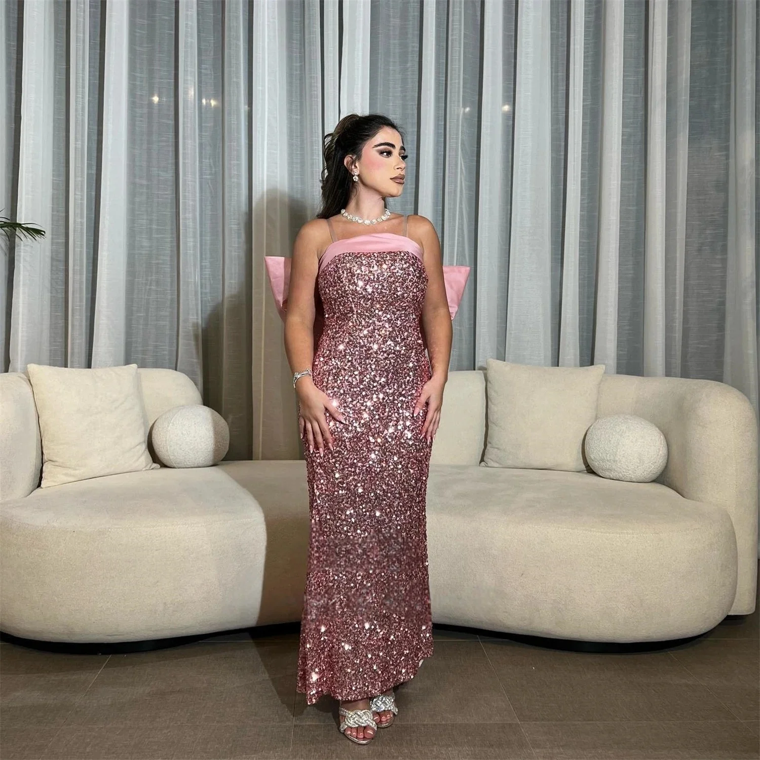 

Розовый бант с блестками, длинное платье на заказ, вечерние платья для выпускного вечера, унисекс, Джерси в стиле ретро, Дубай, Саудовская Аравия, по индивидуальному заказу