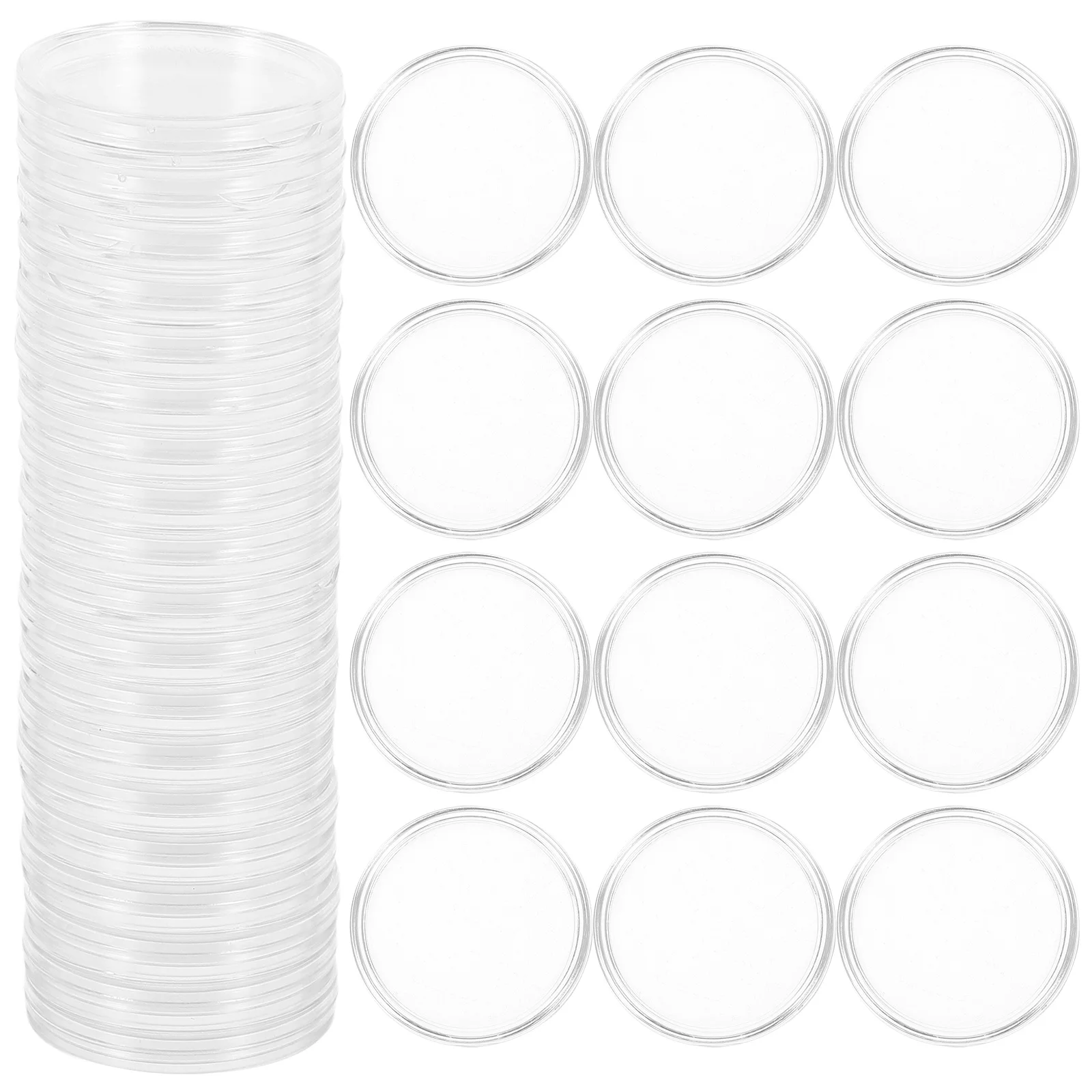 100 peças 28mm caixa de moedas transparente redonda tamanho pequeno para exposição de promoção de vendas publicitárias caixa de moedas de armazenamento
