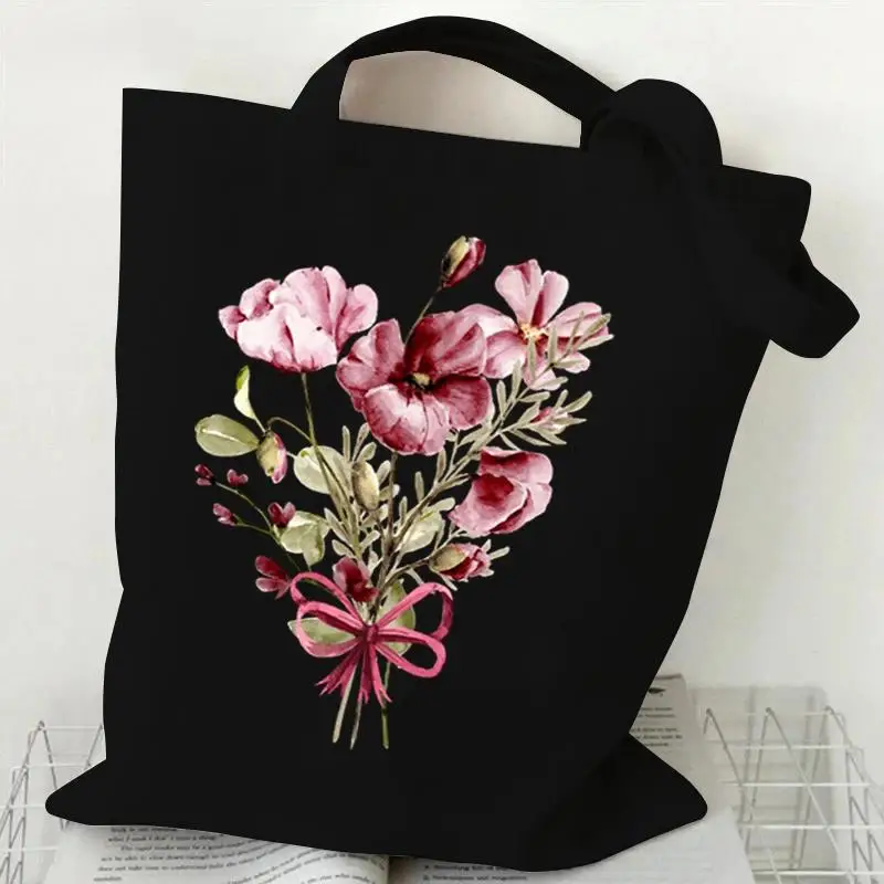Cute Flowers Minimalist Black Floral Canvas Tote Bag Watercolor Flower Bouquet Print Reusable Shoulder Bag for Women Work School