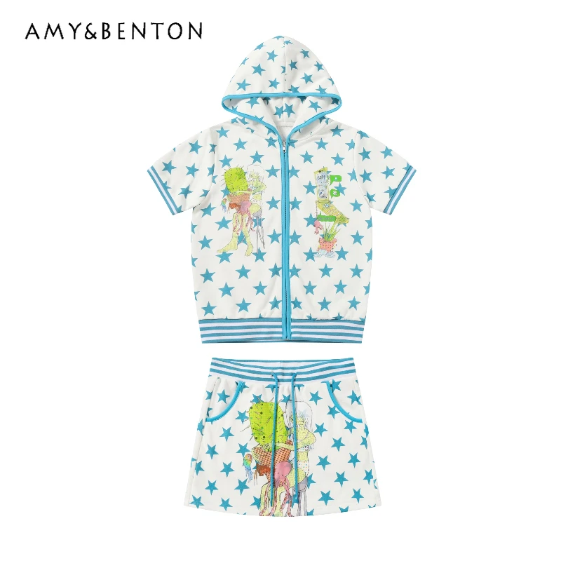 

2025 Summer Star Print Hooded Zipper Women's Top Original Design Cartoon Animation Tether High Waist A-line Skirt Suit Ladies