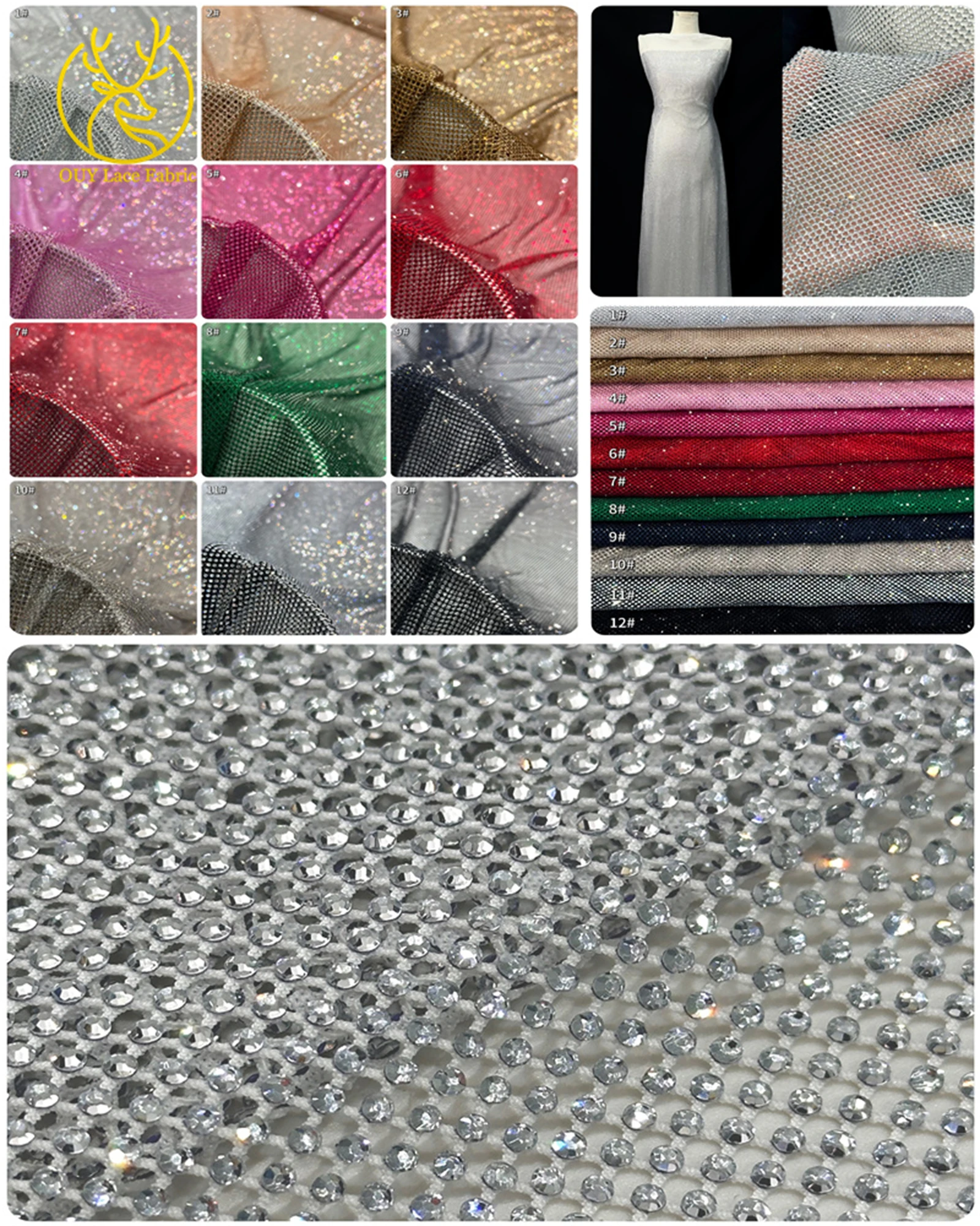 Luxury Silver High-end Stone Embroidery French Handmade Full Stone Patchwork Elastic Mesh Lace Party Evening Wedding Mesh Fabric