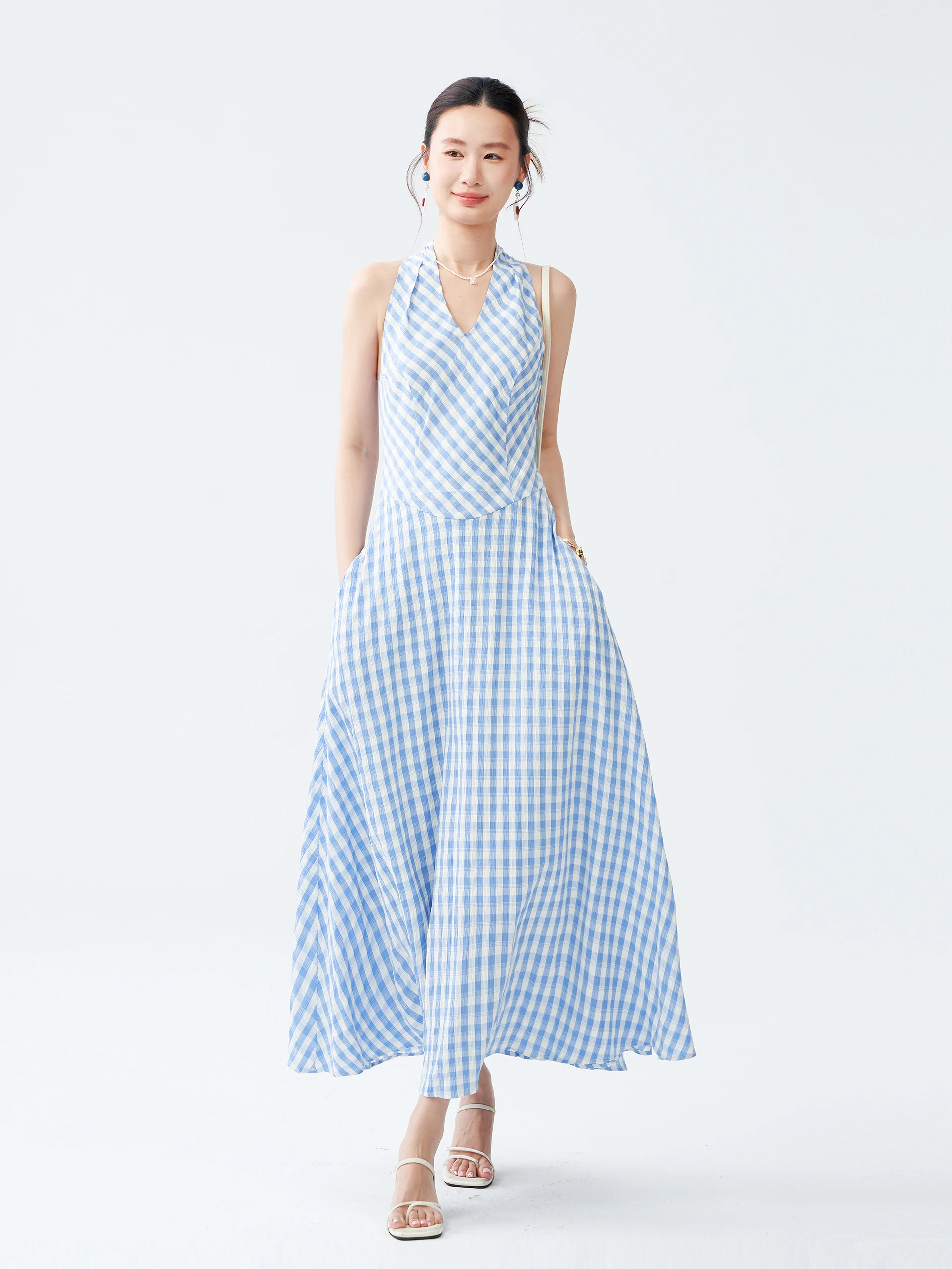 

Blue Plaid V-neck Halter Dress Women Summer Vintage Waist-cinching Belted Holiday Style Sleeveless Long Dress