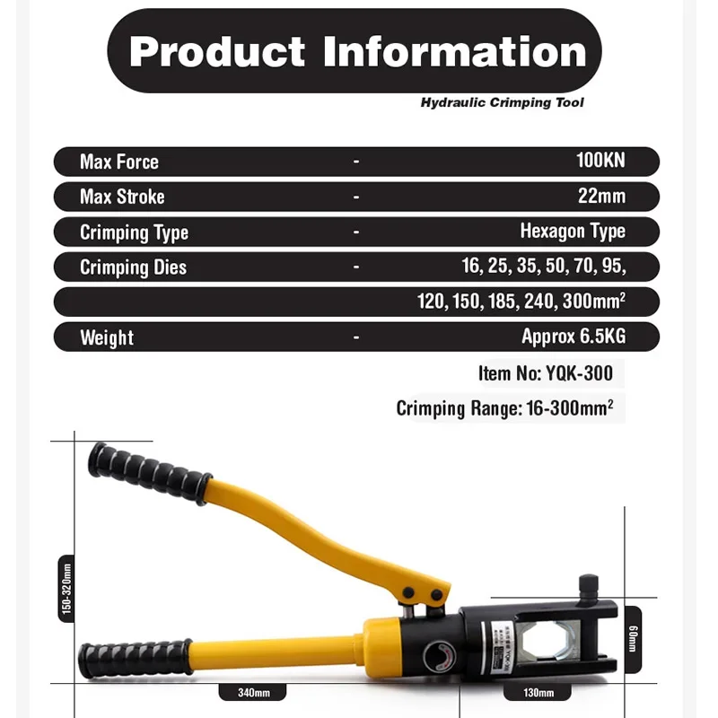 16-300mm Hydraulic Crimper 12 Ton Hydraulic Wire Crimper YQK-300 Battery Cable Lug Terminal Crimping Tool with 11 Dies