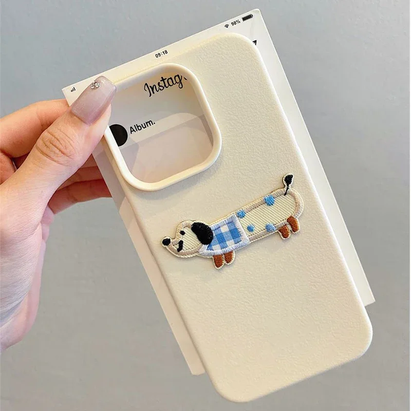Korean Cartoon 3D Cartoon Embroidery Dog Phone Case For iPhone 16 17 Pro Max 15 14 Plus 13 12 11 Pro 16E 17Air Funny Puppy Cover