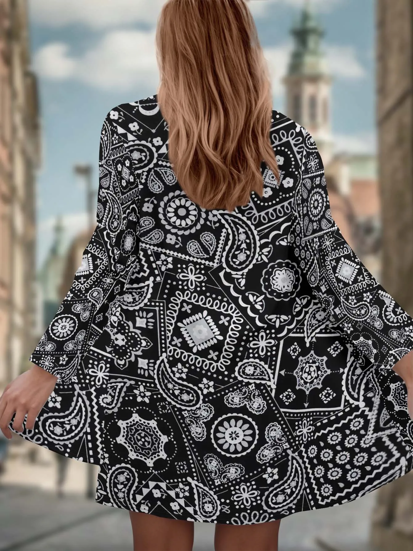 

Женская осенне-зимняя куртка с 3D ретро-узором пейсли и накидкой свободного кроя с открытой передней частью. Повседневная женская одежда из полиэстера