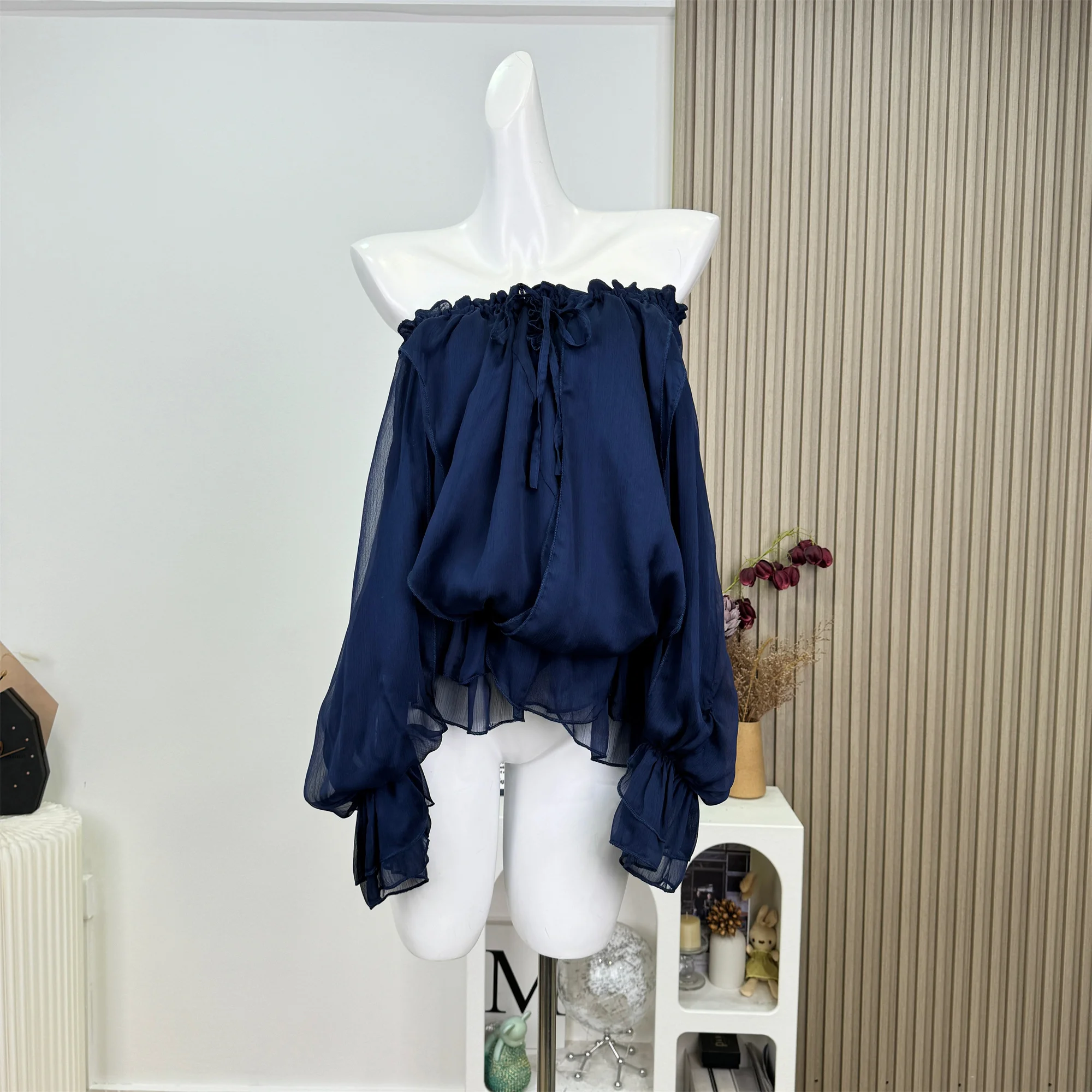 

Spring Summer Women Gyaru Chiffon Shirts Shoujo Mori Girl Long Sleeve 2000s Aesthetic Slash Neck Tops Coquette Blouses Design