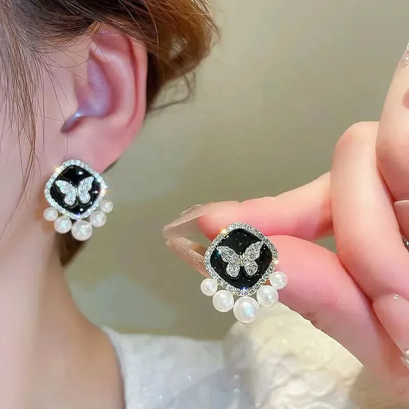 Glaze Black Square Crystal Butterfly Imitation Pearl Stud Earring for Women Temperament Jewelry Christmas Girlfriend Gift image 6