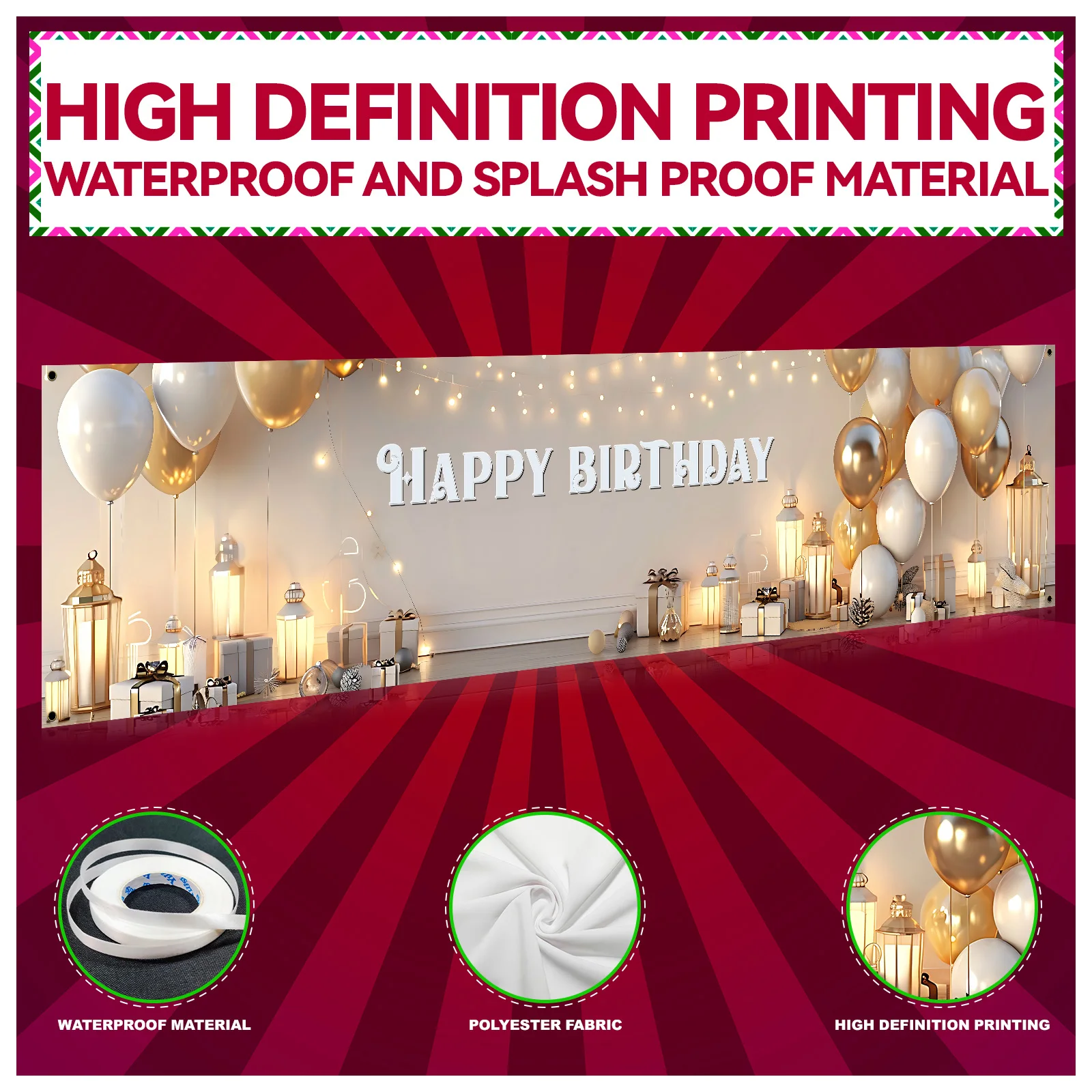 1 Piece (17*78 inch/45*200 cm), Polyester, Birthday Platinum Pretty Banner [Party Banner] - Creative gold colorful ball design,