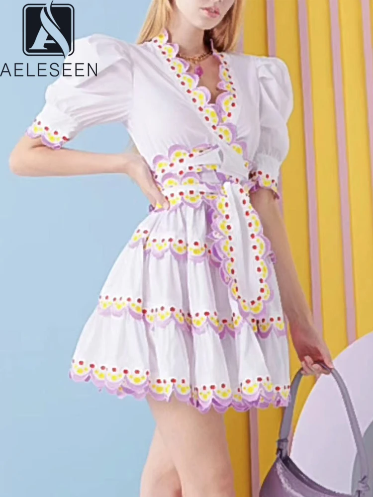 

AELESEEN Vintage Summer Mini Dress Women V-Neck Puff Sleeve White Wave Embroidery Loose Belt Cardigan Ruffles Belt Casual