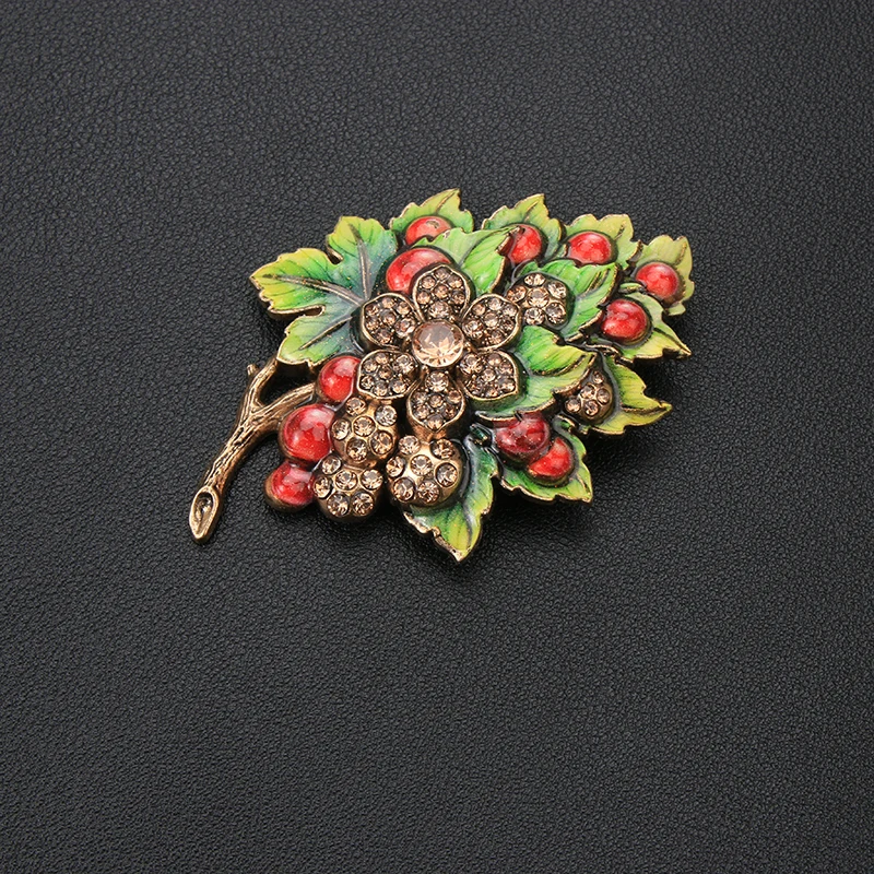 Vintage Grape Cluster Brooch Pin Enamel Leaf Rhinestone Crystal Fruit Lapel Pin Women Costume Jewelry Gift view 5