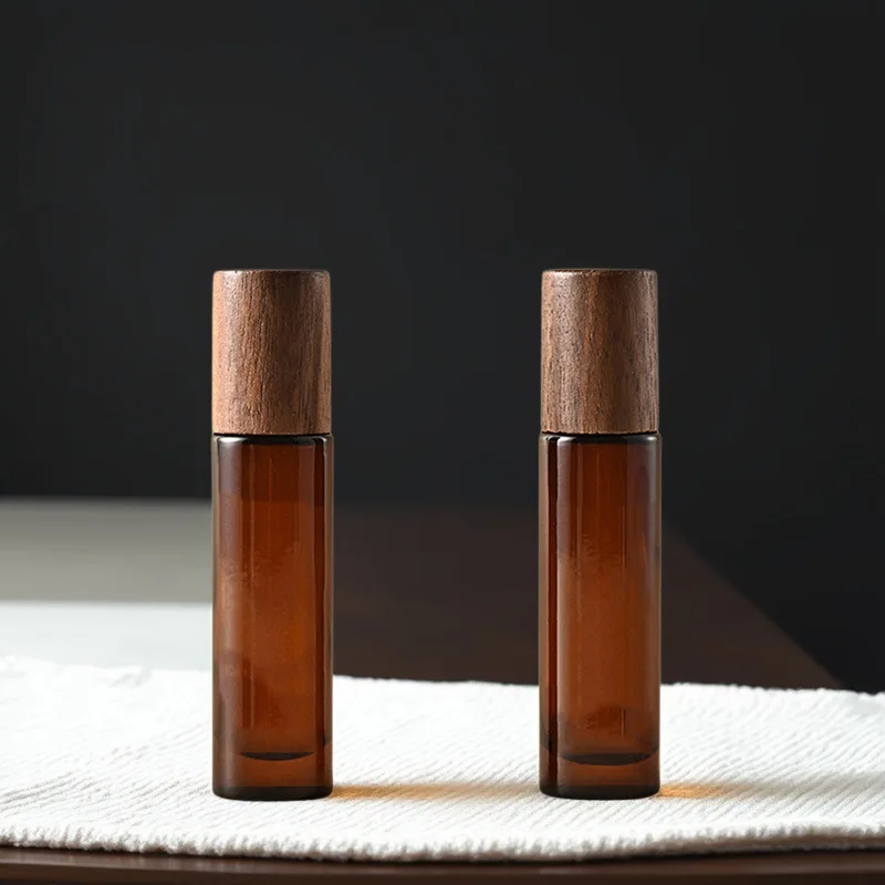 10ML Amber Glass Essential Oil Bottle Natural Brown Walnut Wood Lid Roller Ball Perfume Vial Travel Portable Refillable