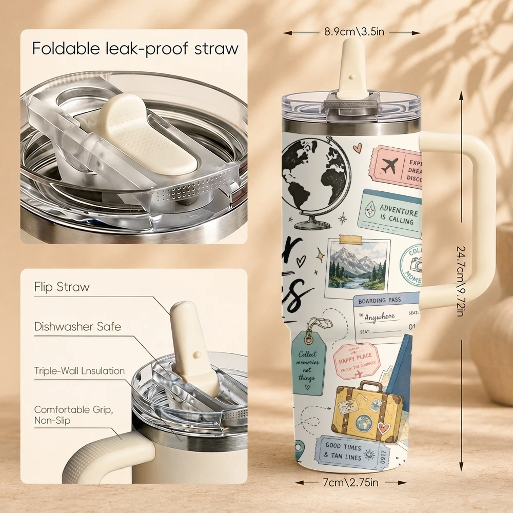 Wander Travel Collage Trip Vacuum Flasks 40oz Thermal Tumbler Handle Stainless Steel Insulated Water Portable Mug Cup