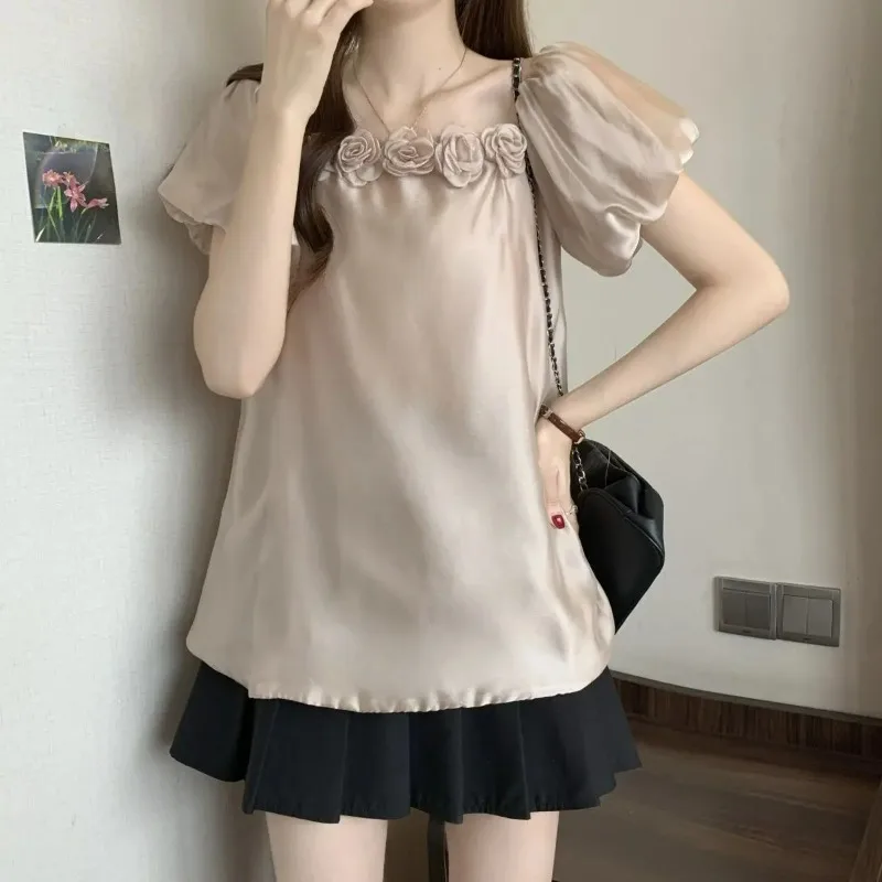 

Summer New French Style Bubble Sleeve Blouse Women Korean Fashion One Shoulder Chiffon Womens Shirt Casual Female Tops