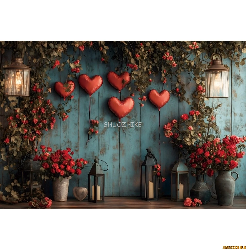 14 فبراير عيد الحب خلفية مشاهد رومانسية الأحمر الحب القلب الأزرق الخشب جدار الأزهار الزفاف التصوير خلفية الدعامة