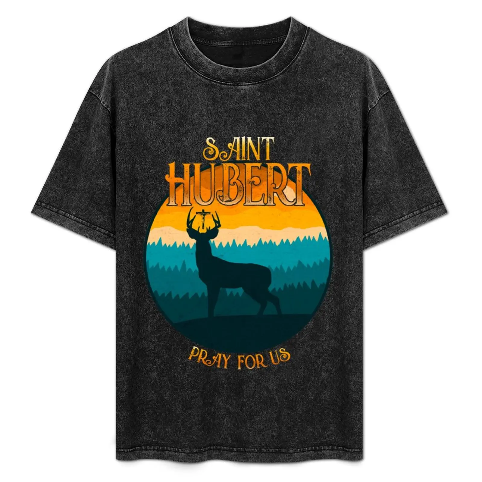 

Hubert Hubertus Patron Saint of Hunters Stag Catholic Saint T-Shirt Daily Casual Short Sleeve Tee Shirt