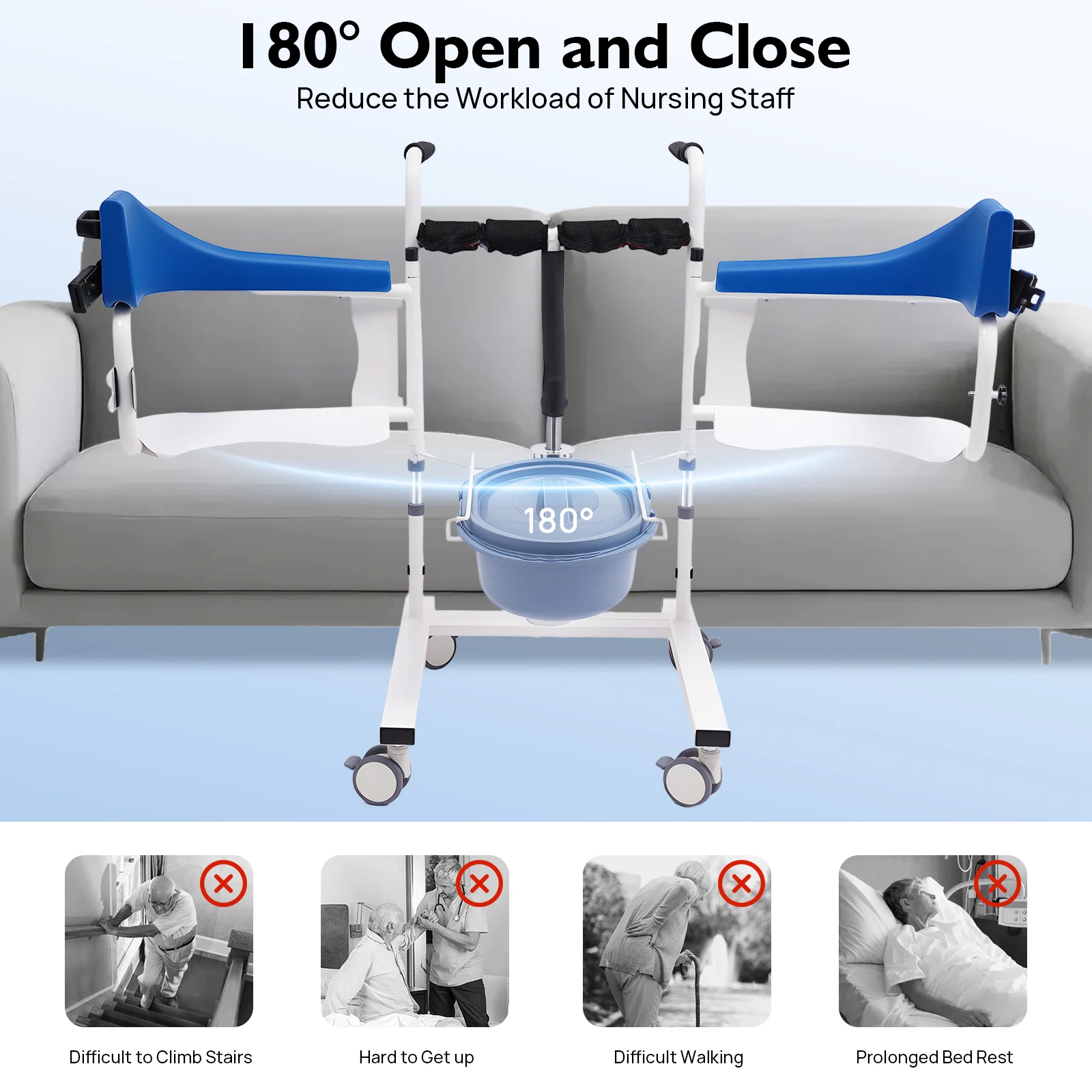 كرسي التمريض الهيدروليكي لرفع المريض بعجلات (فرامل) ومسند ظهر ناعم، ارتفاع قابل للتعديل لكبار السن والمعاقين