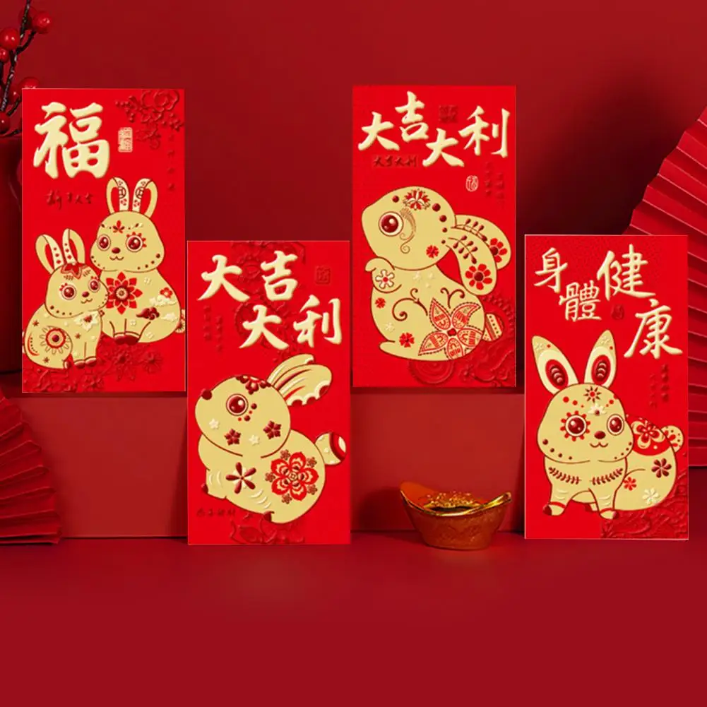 6Pcs Red Envelope Cartoon Pattern Bronzing Rabbit Year 2023 New Year Zodiac Red Pocket for Festival