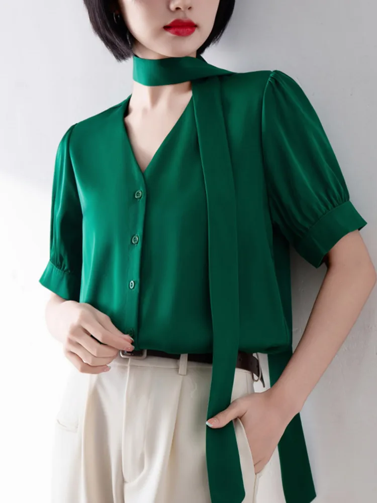 

Летняя новая офисная женская рубашка с коротким рукавом и v-образным вырезом во французском стиле, белые, черные атласные элегантные рубашки, блузка, женские топы De Mujer