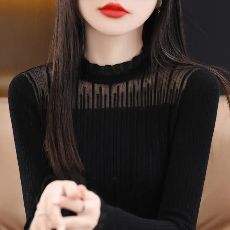 2023 Women Korean Fashion Sexy Mesh Patchwork Knitwears Female Ruffle Solid Long Sleeve Slim Basic Pullover Tops Elegant Jumpers