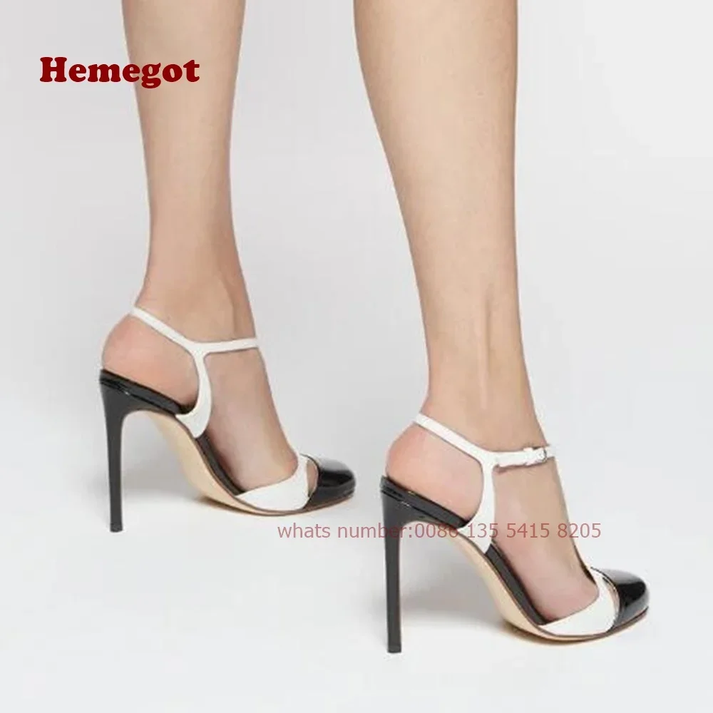 Two Tone T-Straps Women\'s Sandals Round Toe Cut Out Buckle Slingback High Heels Stiletto Summer Sandals Splicing Elegant Shoes