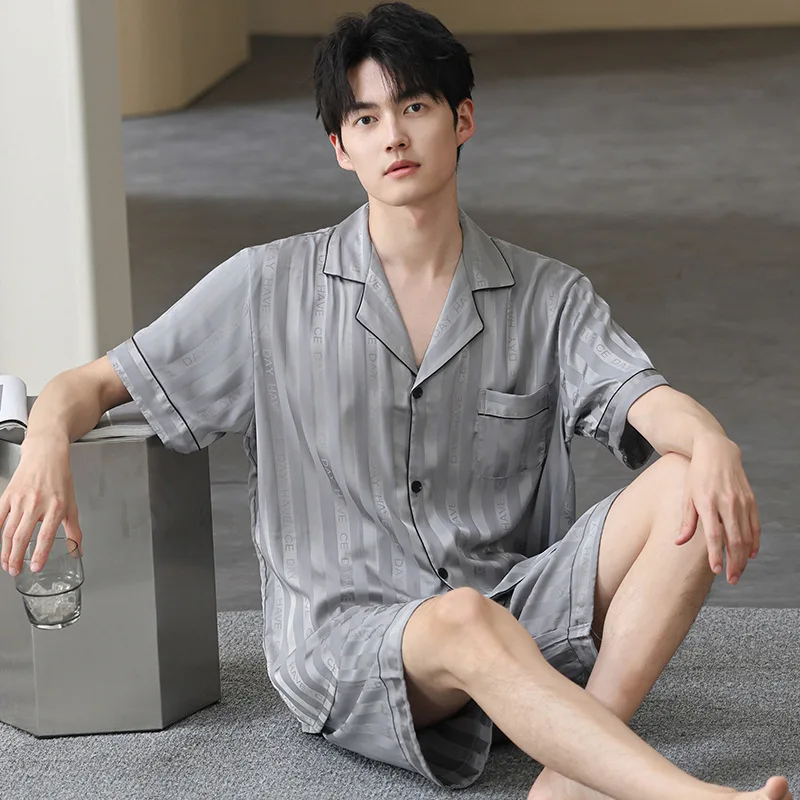 Men's Satin Summer pajamas short sleeved Cardigan home clothing men's casual thin Loungewear Big Size L-3XL Pjs Pyjamas Homme