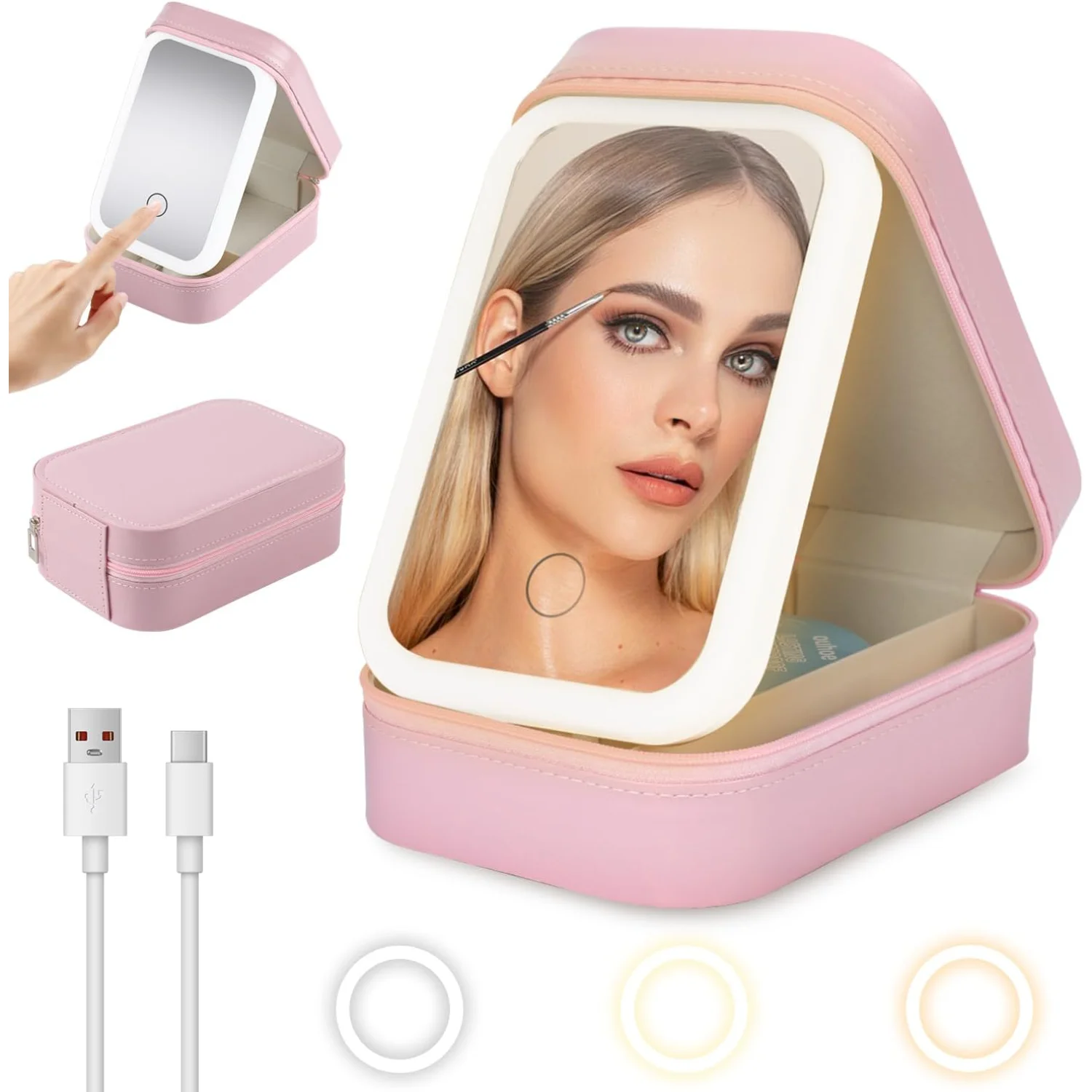 LED Three Color Adjustable Makeup Mirror, Colors Brightness Adjustable Makeup Mirror with Lights,Travel Makeup Bag with LED Adju