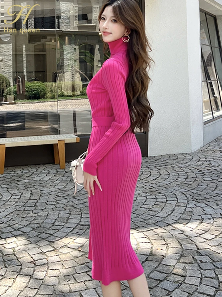 الخريف الياقة المدورة سترة Bodycon غمد قلم رصاص محبوك فستان قاع المرأة لينة فساتين الحفلات المرنة مع حزام