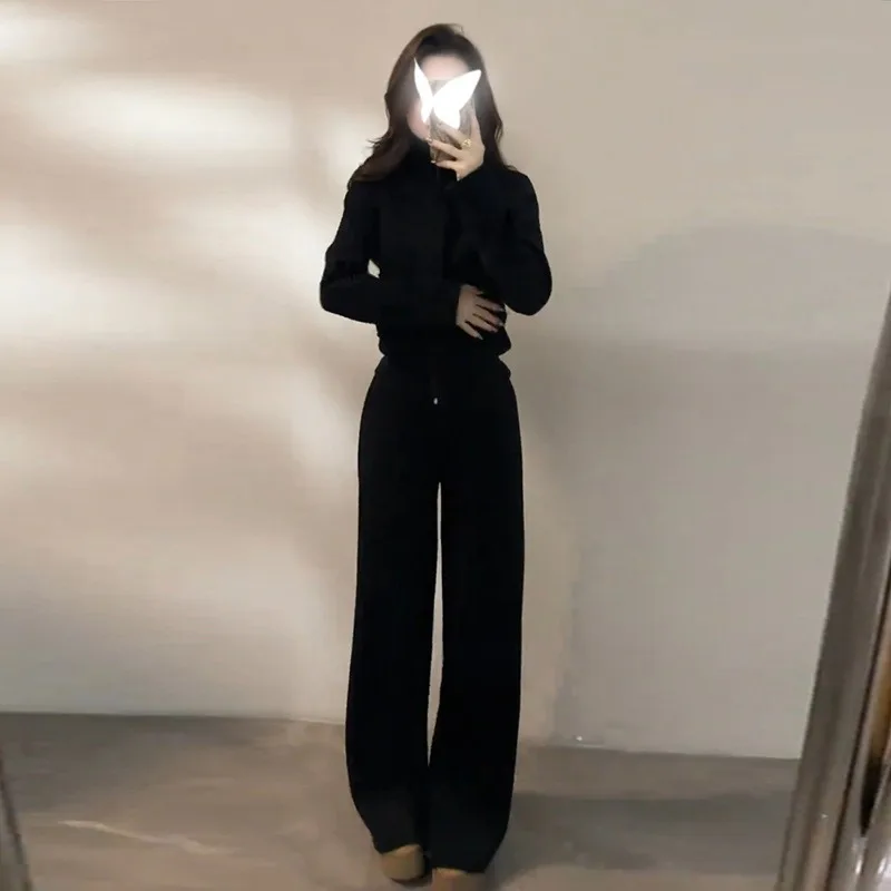 Black Casual Fashionable Sportswear Set  Women Autumn Winter Fleece Look Laid-back Style Stand-up Collar Hoodie and Long Pants