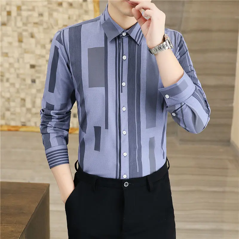 Spring and Autumn Men\'s Cardigan Single Breasted Polo Collar Letter Print Stripe Contrast Color Long Sleeve Shirt Fashion Tops