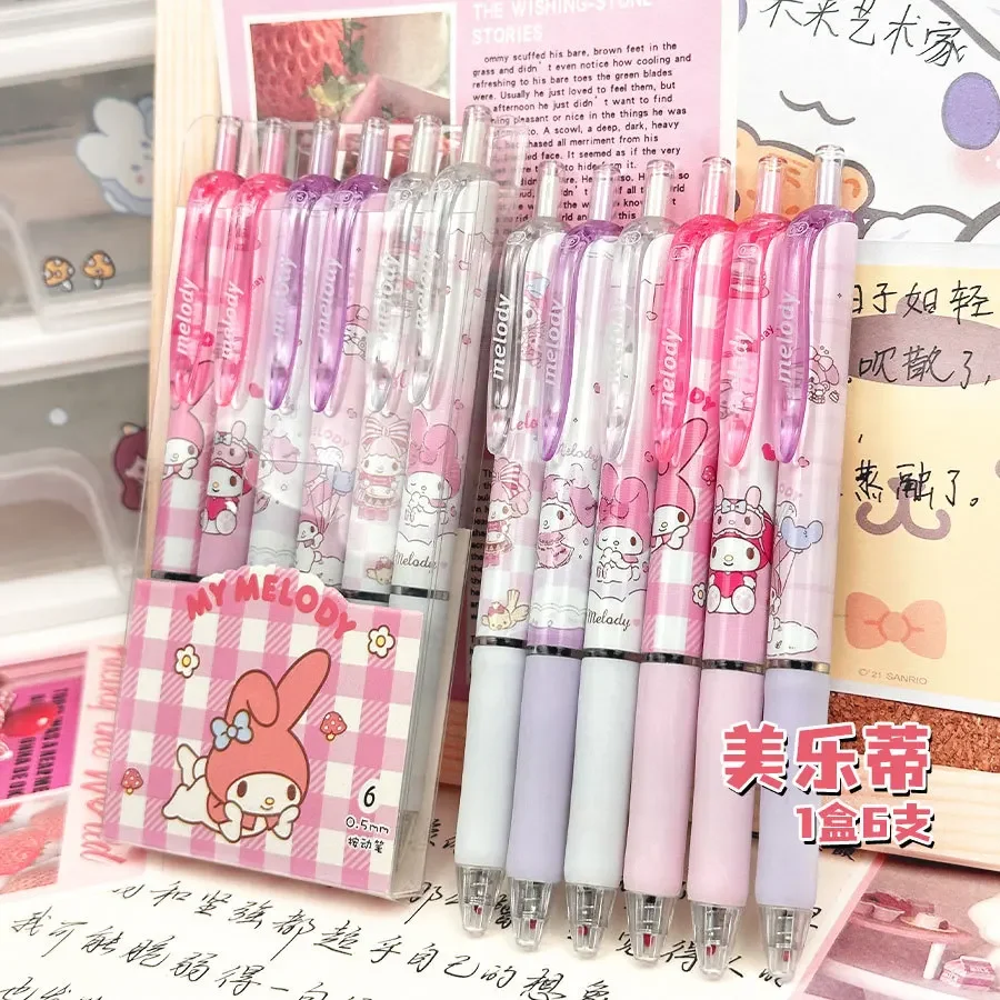 Sanrio 6pcs Series Gel Pen 0.55mm Refill Hello Kitty Y2k Cinnamoroll Kuromi MelodyCartoon Press Pen Black Stationery Supplies