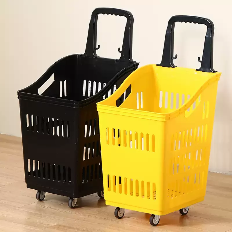 Handheld Plastic Market Basket with Wheels and Pull Rod for Convenience Store, Shopping Grocery Trolley Basket Cart with Handle