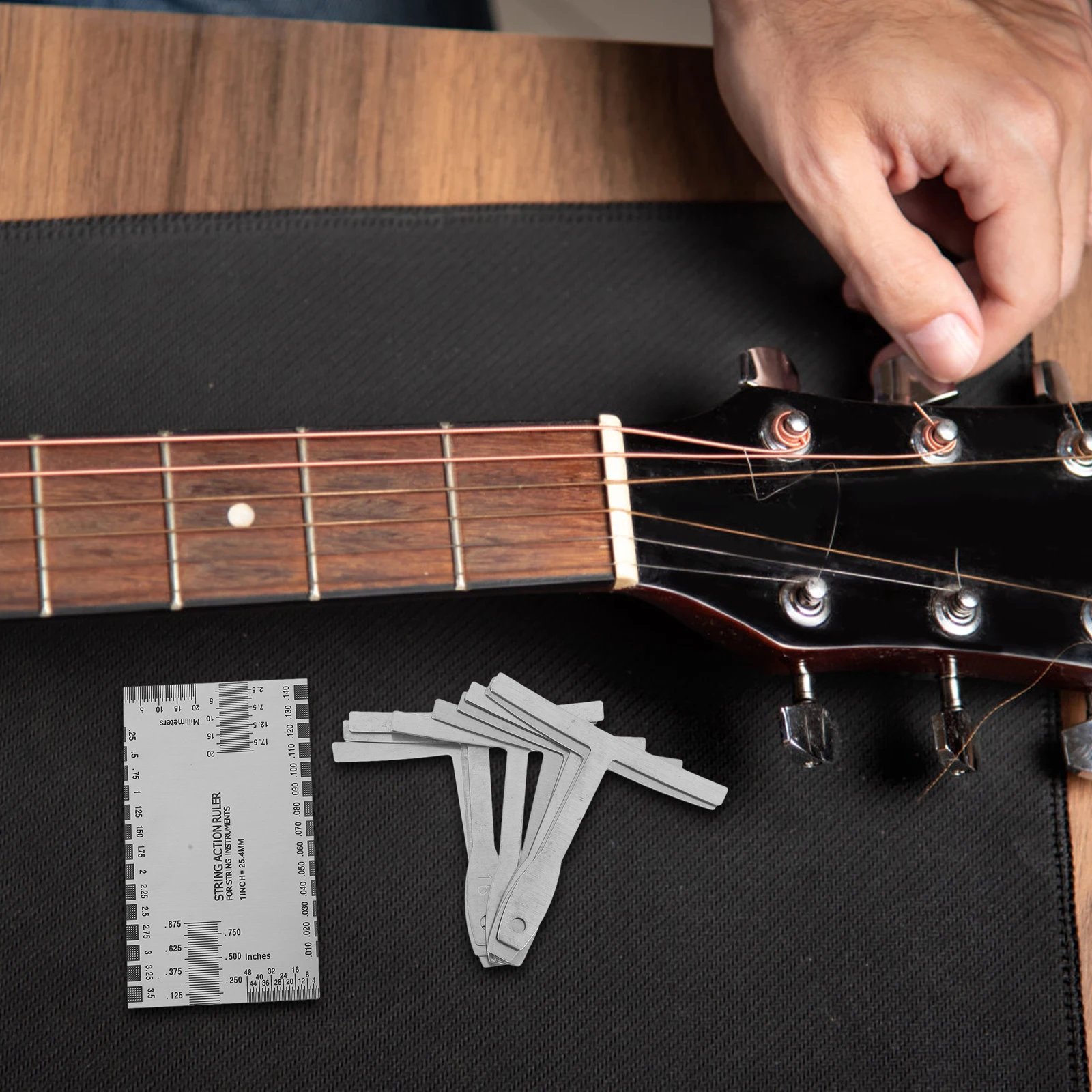 ชุดเครื่องมือวัดระยะสายกีตาร์ 1 ชุด พร้อมไม้บรรทัดวัดระยะสายใต้สาย สำหรับช่างทำกีตาร์มืออาชีพ อุปกรณ์เสริมสำหรับช่างทำกีตาร์