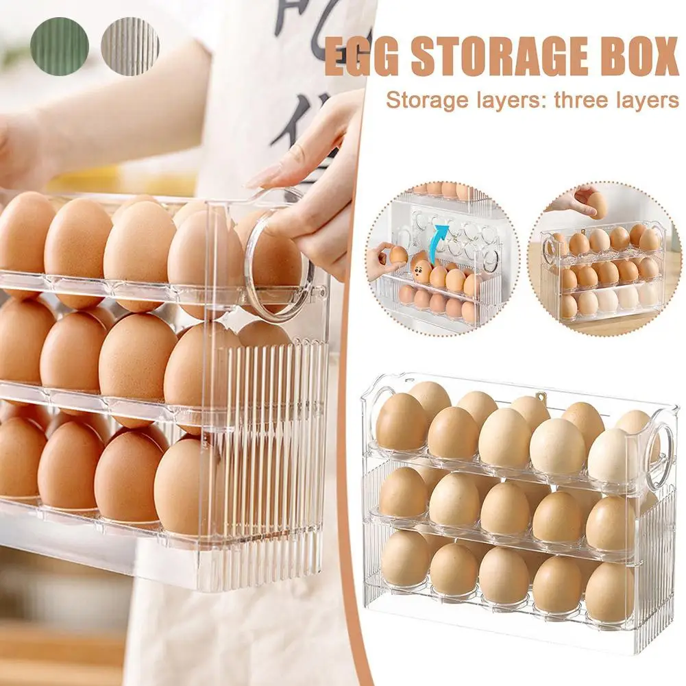 Auto Flip Egg Organizer 3-Tier Egg Holder Storage Egg Storage Container For Refrigerator Side Door Or Countertop F0C4