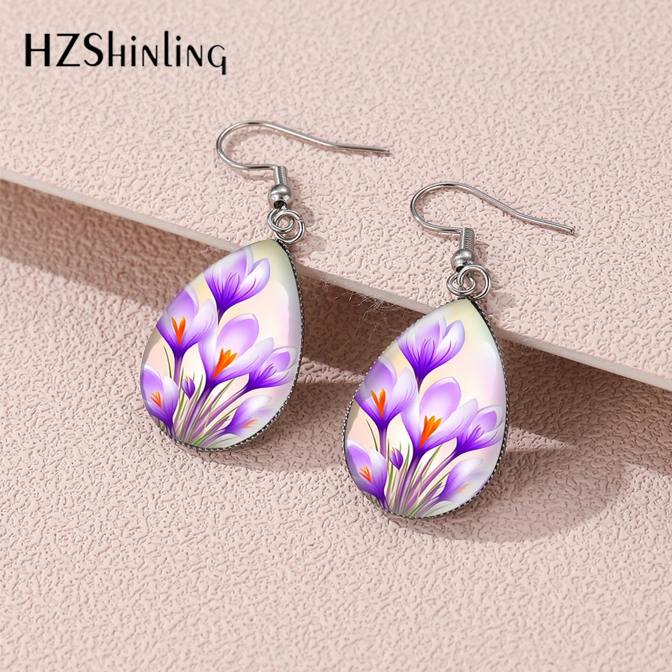 2024 New Fashion Purple Crocus Beautiful Flowers Botanic Tear Drop Fish Hook Earrings Handmade Stainless Steel Jewelry Earrings