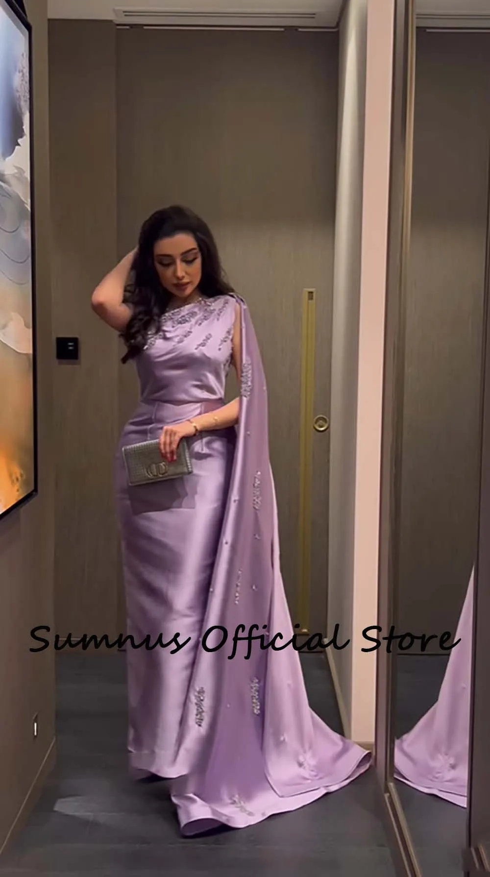 Sumnus roxo um ombro sereia vestidos de noite com cabo miçangas cetim elegante arábia saudita formal vestidos femininos até o chão