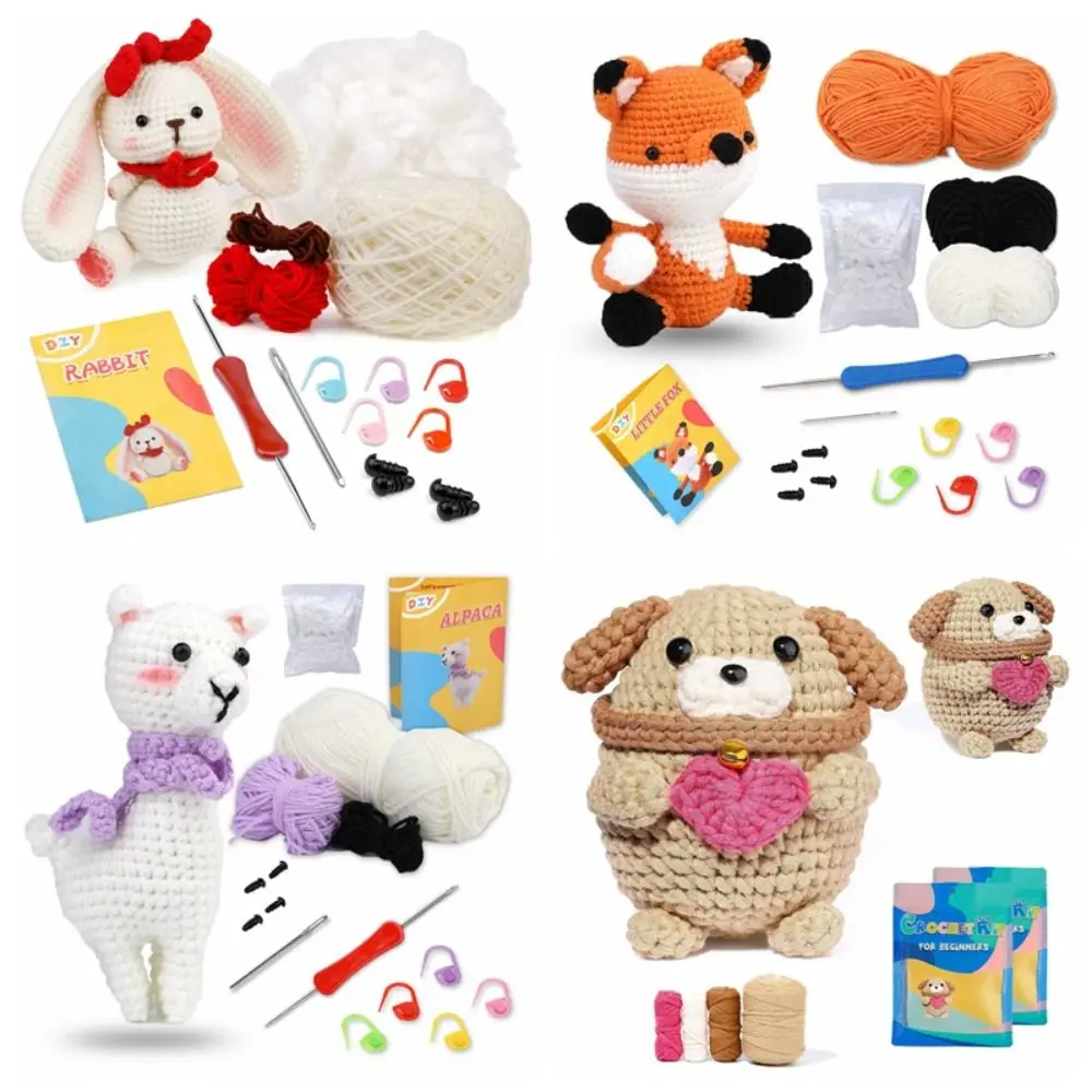 Animal Crochet Stuffed Animal Kit with Video Tutorial Handmade DIY Crochet Kit Cute Cartoon Yarn Hook Accessories for Beginners