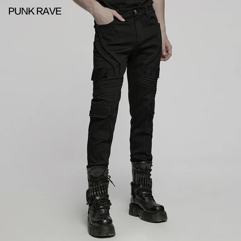 PUNK RAVE Pantaloni in denim slim punk semplici da uomo Pieghe di segmentazione geometrica 3D Pantaloni personalizzati belli Streetwear