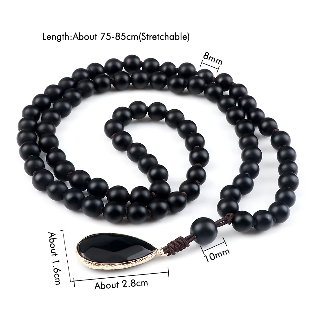 Drop Pendant Men Necklace Handmade Knotted 8mm Shiny Matte Black Onyx Beads Necklace Rosary Women Yoga Meditation Jewelry Gifts