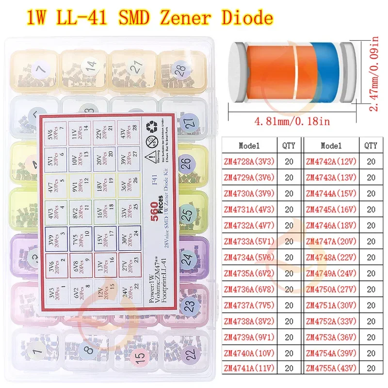 560pcs 28Value 1W SMD Zener Diode Kit LL-41 3.3V 3.9V 4.3V 4.7V 5.1V.5V 8.2V 9.1V 10V 12V 13V 15V 18V 22V 24V 30V 33V 39V 43V