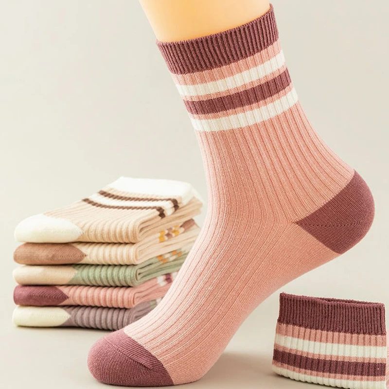 5 Pairs Women's Socks Set Japanese Stripe Harajuku Simple Versatile Breathable Comfort Sports Cotton Socks For Girl Wholesale