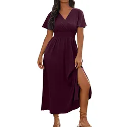 New Women's Summer Fashion Sexy Comfortable Wrap Waist Maxi Dress V Neck Side Slit Casual Dress A-Line Long Short Sleeve Dress