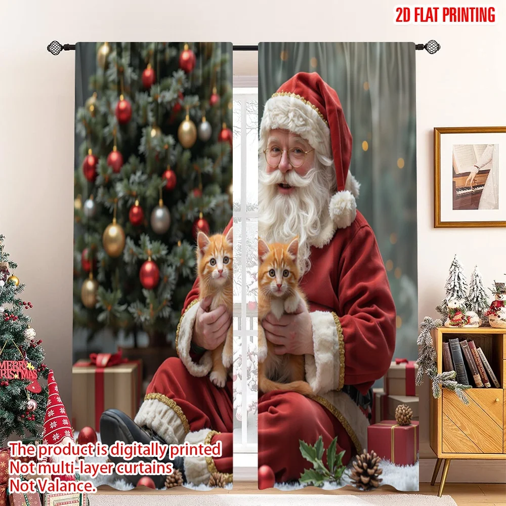 

2pcs 2D flat printing Merry Christmas Popular Curtains Santa Claus Kittens Christmas Gifts Polyester Without Electricity Festive