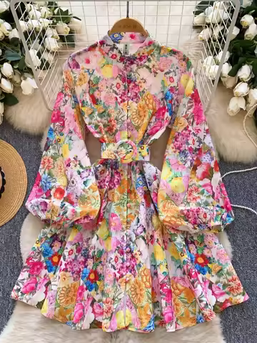 France Elegant Vintage Palace Evening Dress Women Print Sashes Button Short Party Dress Female Casual Chic Festival Clothing New